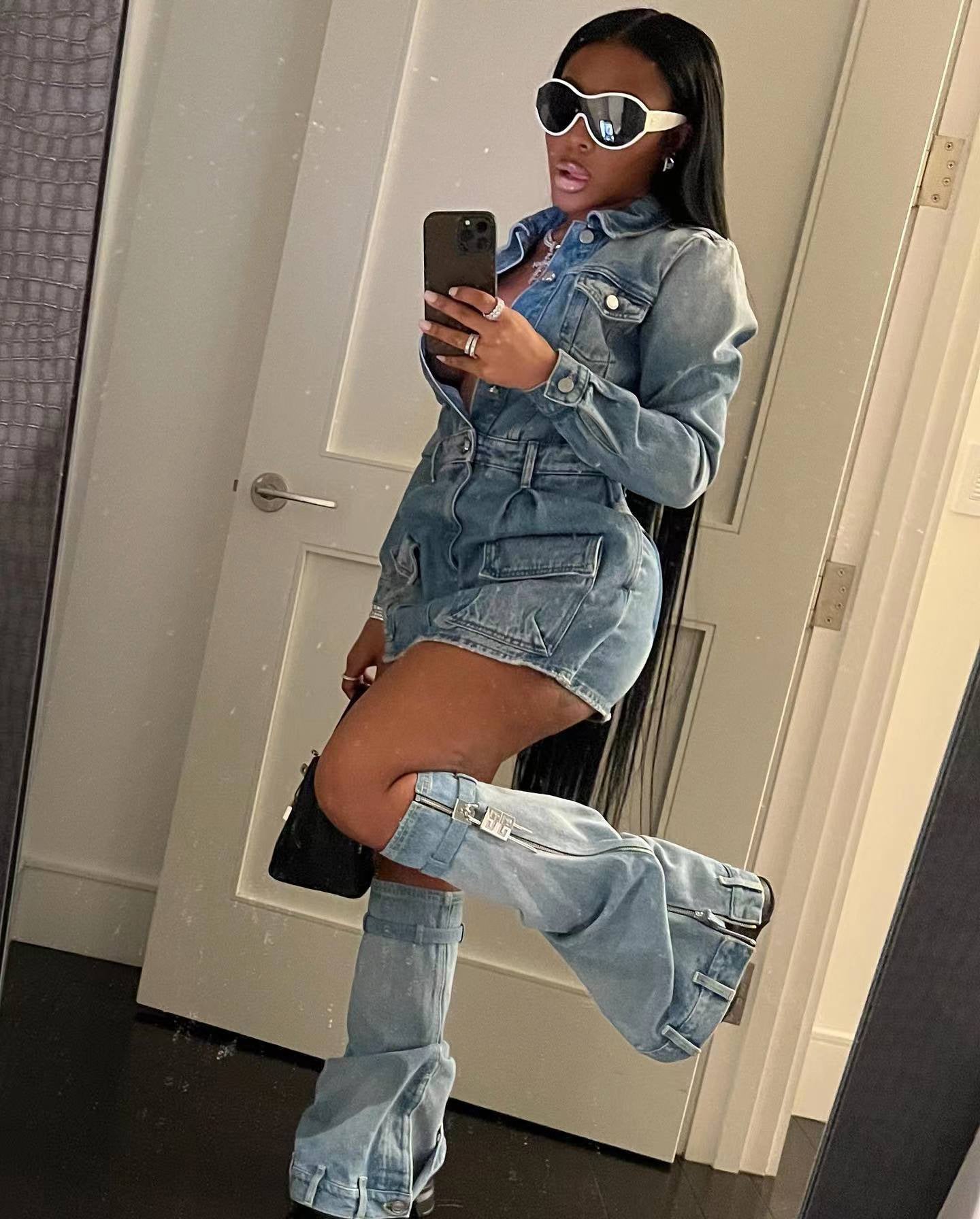 Women Sexy Multi Pocket Washed Denim Dress Three Piece Set Including Trousers by Ragazza