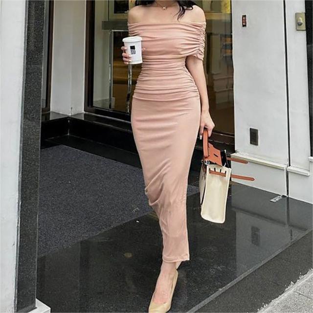 Spring Off Shoulder Pleated Dress Slim Fit Slimming Slit Bottoming Formal Dress by Ragazza
