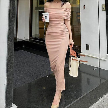 Spring Off Shoulder Pleated Dress Slim Fit Slimming Slit Bottoming Formal Dress by Ragazza