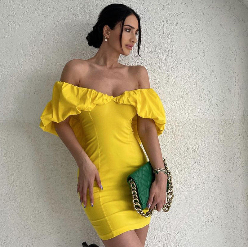 Spring Casual Vacation Tight Waist Slimming Sense Design Pleated Off Shoulder Hip Bag Dress by Ragazza