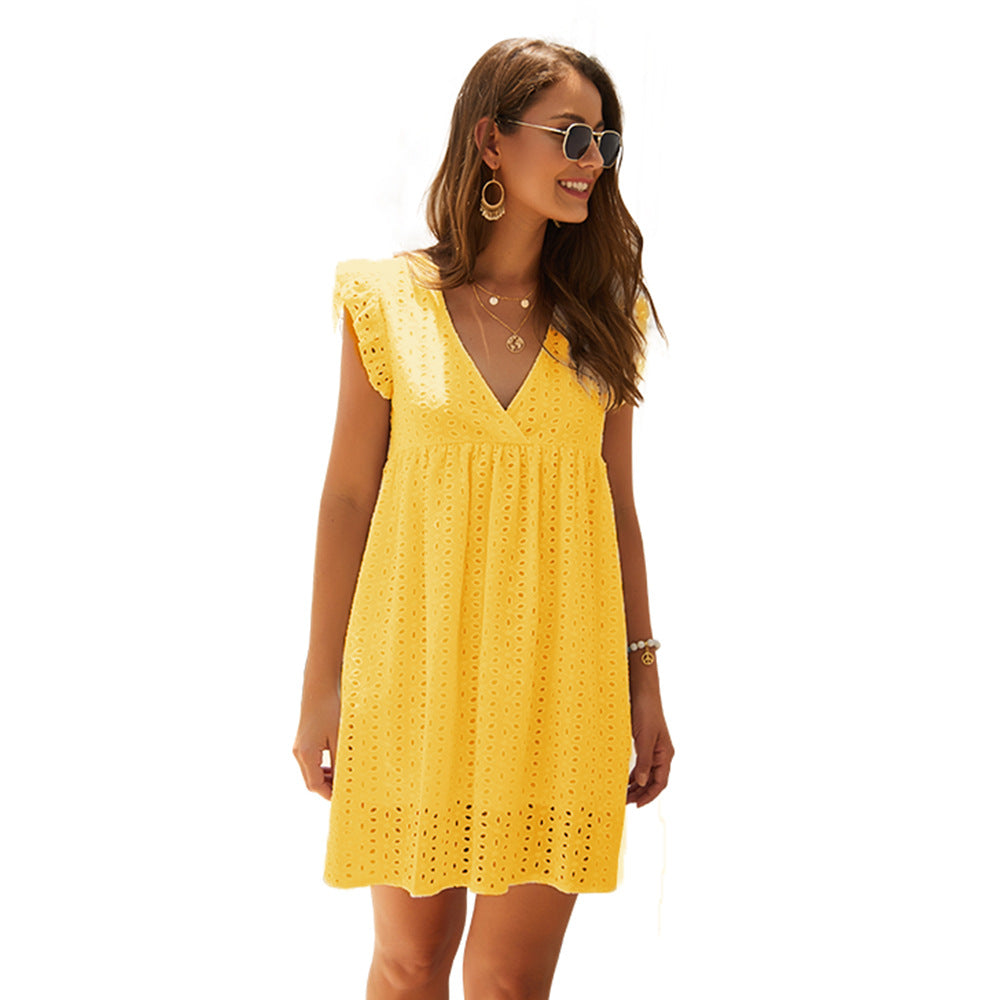 Office Women Clothing Summer V-neck Short SleeveLace Midi Dress Eyelet Embroidery  DestGlow