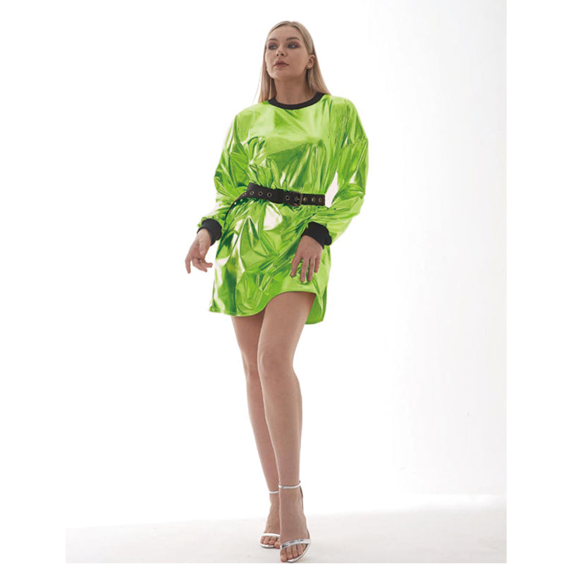 Metallic Coated Fabric Women Sexy Long Sleeve Dress Laser Color Matching Dress Runway Women Clothing No Belt by Ragazza