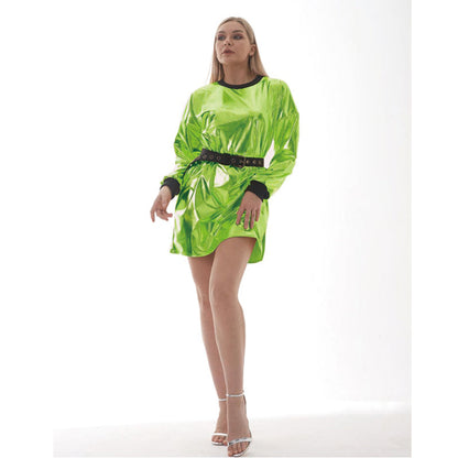Metallic Coated Fabric Women Sexy Long Sleeve Dress Laser Color Matching Dress Runway Women Clothing No Belt by Ragazza