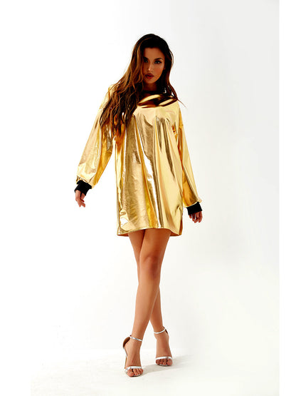 Metallic Coated Fabric Women Sexy Long Sleeve Dress Laser Color Matching Dress Runway Women Clothing No Belt by Ragazza