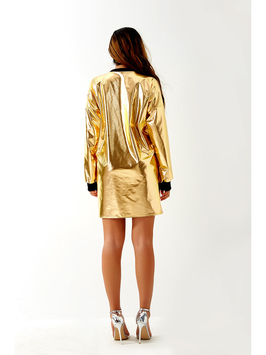Metallic Coated Fabric Women Sexy Long Sleeve Dress Laser Color Matching Dress Runway Women Clothing No Belt by Ragazza