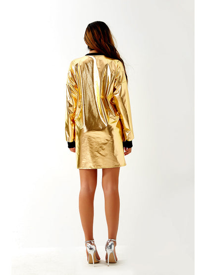 Metallic Coated Fabric Women Sexy Long Sleeve Dress Laser Color Matching Dress Runway Women Clothing No Belt by Ragazza
