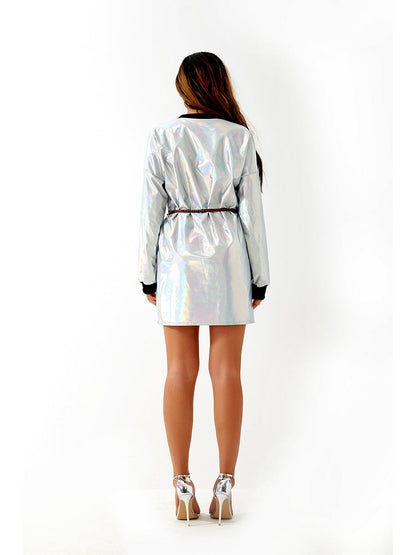 Metallic Coated Fabric Women Sexy Long Sleeve Dress Laser Color Matching Dress Runway Women Clothing No Belt by Ragazza