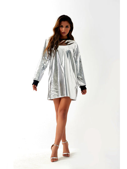 Metallic Coated Fabric Women Sexy Long Sleeve Dress Laser Color Matching Dress Runway Women Clothing No Belt by Ragazza