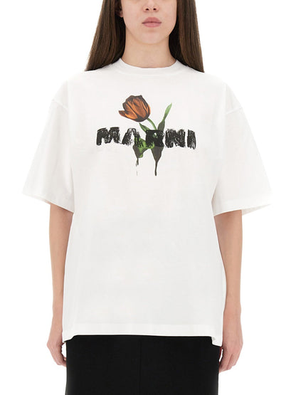 Marni Women White Cotton T-Shirt With Tulip Print by Luosophy