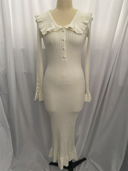 Ruffled Dress Knitted Dress Autumn Winter Sweater Dress Retro Lady French Dress by Ragazza