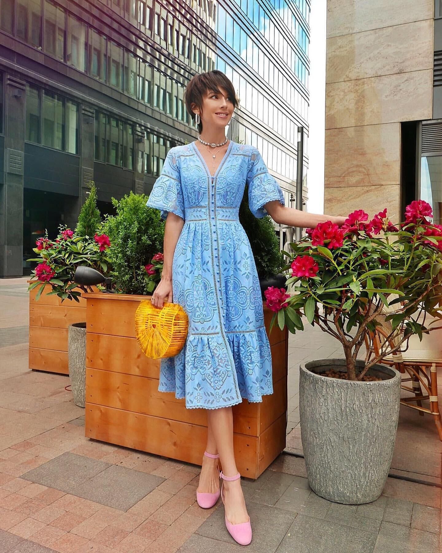 Summer Women Clothing V Neck Short Sleeve Hollow Out Cutout Single Breasted Lace Dress by Ragazza