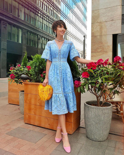 Summer Women Clothing V Neck Short Sleeve Hollow Out Cutout Single Breasted Lace Dress by Ragazza