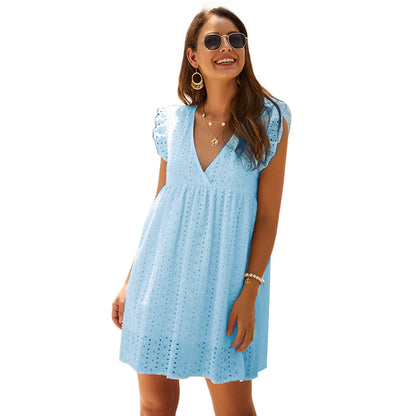 Office Women Clothing Summer V-neck Short SleeveLace Midi Dress Eyelet Embroidery  DestGlow