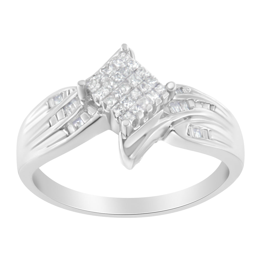 10K White Gold 1/3 Cttw Princess and Baguette Cut Diamond Bypass Style Cocktail Ring (I-J Color, I1-I2 Clarity) - Size 4 by Bids.com
