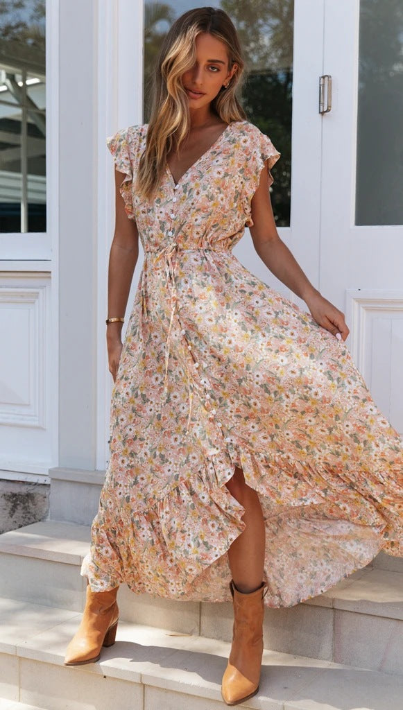 Summer Popular V neck Printing Dress Single Breasted Irregular Asymmetric Cinched Self Tie Dress by Ragazza