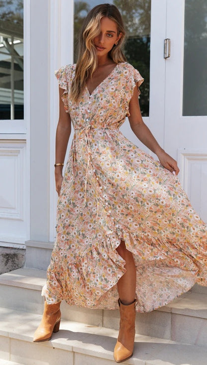 Summer Popular V neck Printing Dress Single Breasted Irregular Asymmetric Cinched Self Tie Dress by Ragazza