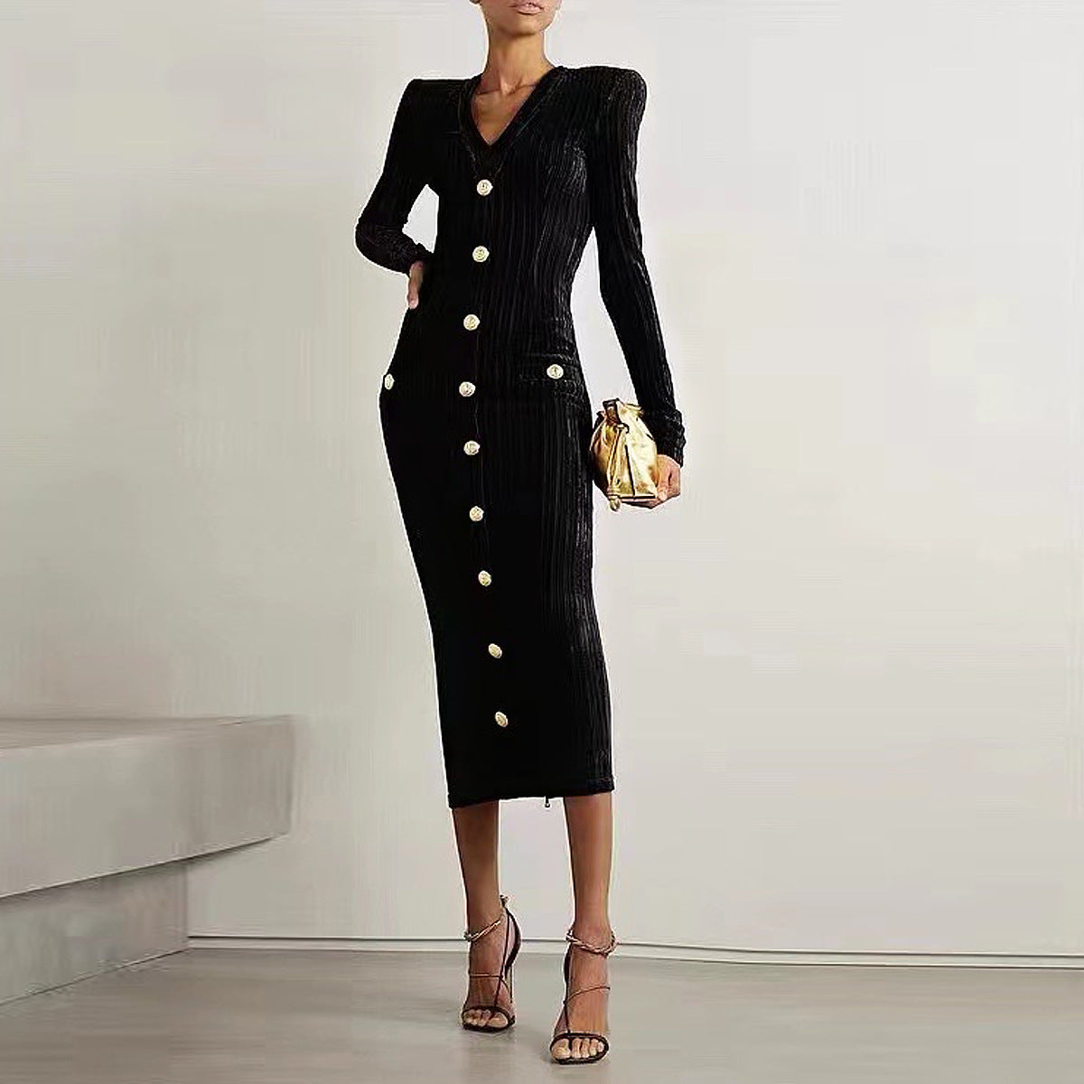 Spring Autumn Socialite Velvet Long Sleeves Slim Fit Slimming Back Zipper Dress by Ragazza