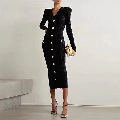 Spring Autumn Socialite Velvet Long Sleeves Slim Fit Slimming Back Zipper Dress by Ragazza