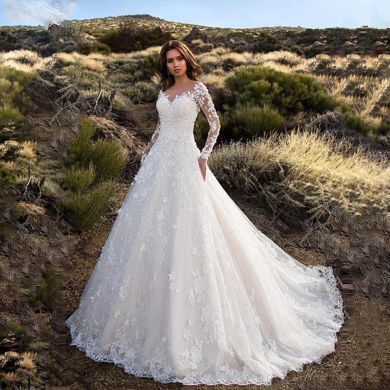Women Clothing Dress Long Sleeve Solid Color See through Lace Bridal Wedding Dress by Ragazza