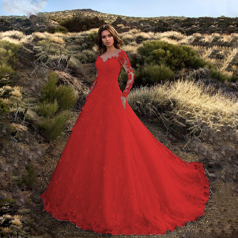 Women Clothing Dress Long Sleeve Solid Color See through Lace Bridal Wedding Dress by Ragazza