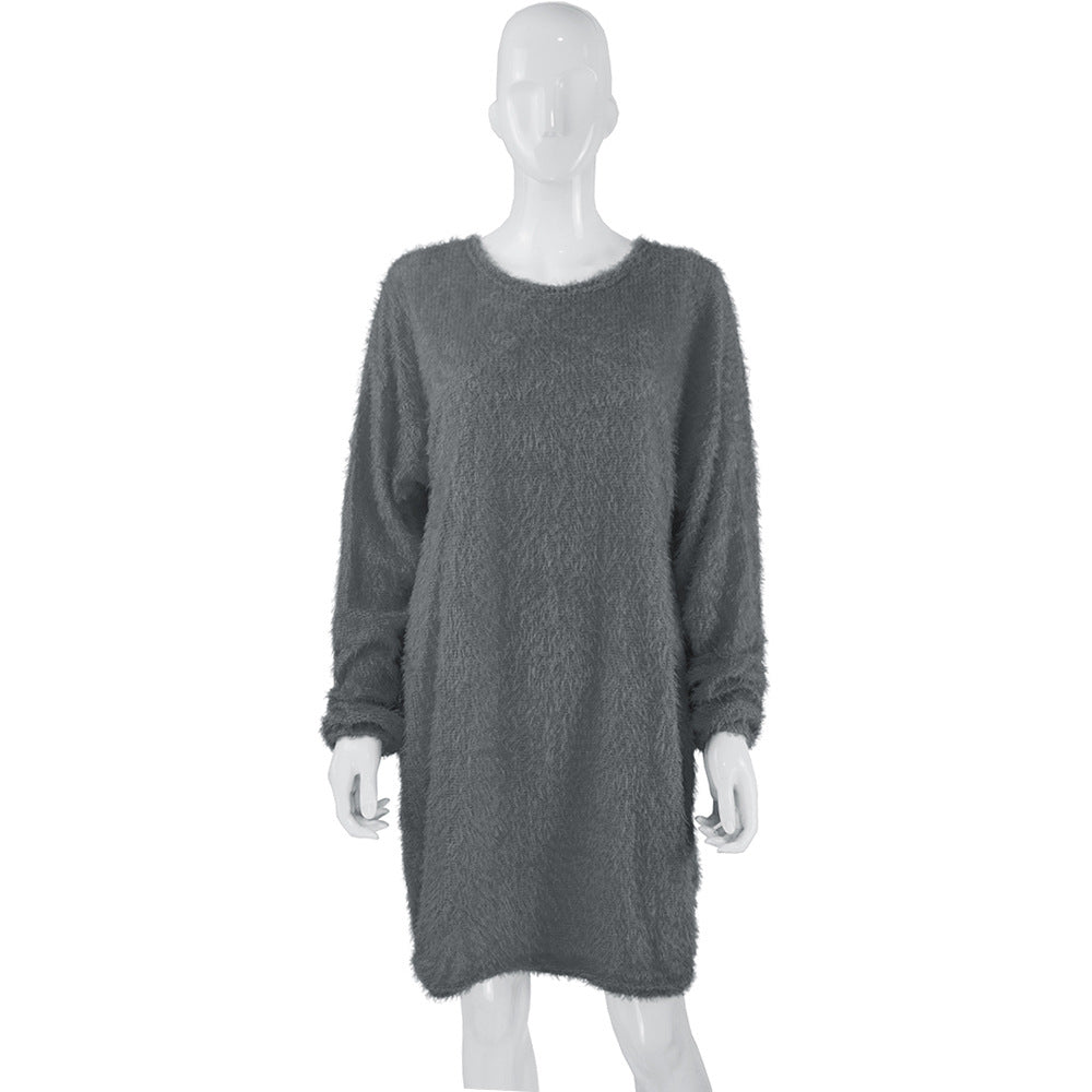 Autumn Winter Women Clothes Mid Length Long Sleeve Round Neck Loose Plush Dress by Ragazza