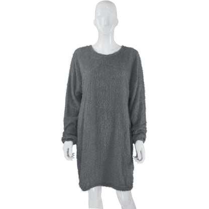 Autumn Winter Women Clothes Mid Length Long Sleeve Round Neck Loose Plush Dress by Ragazza
