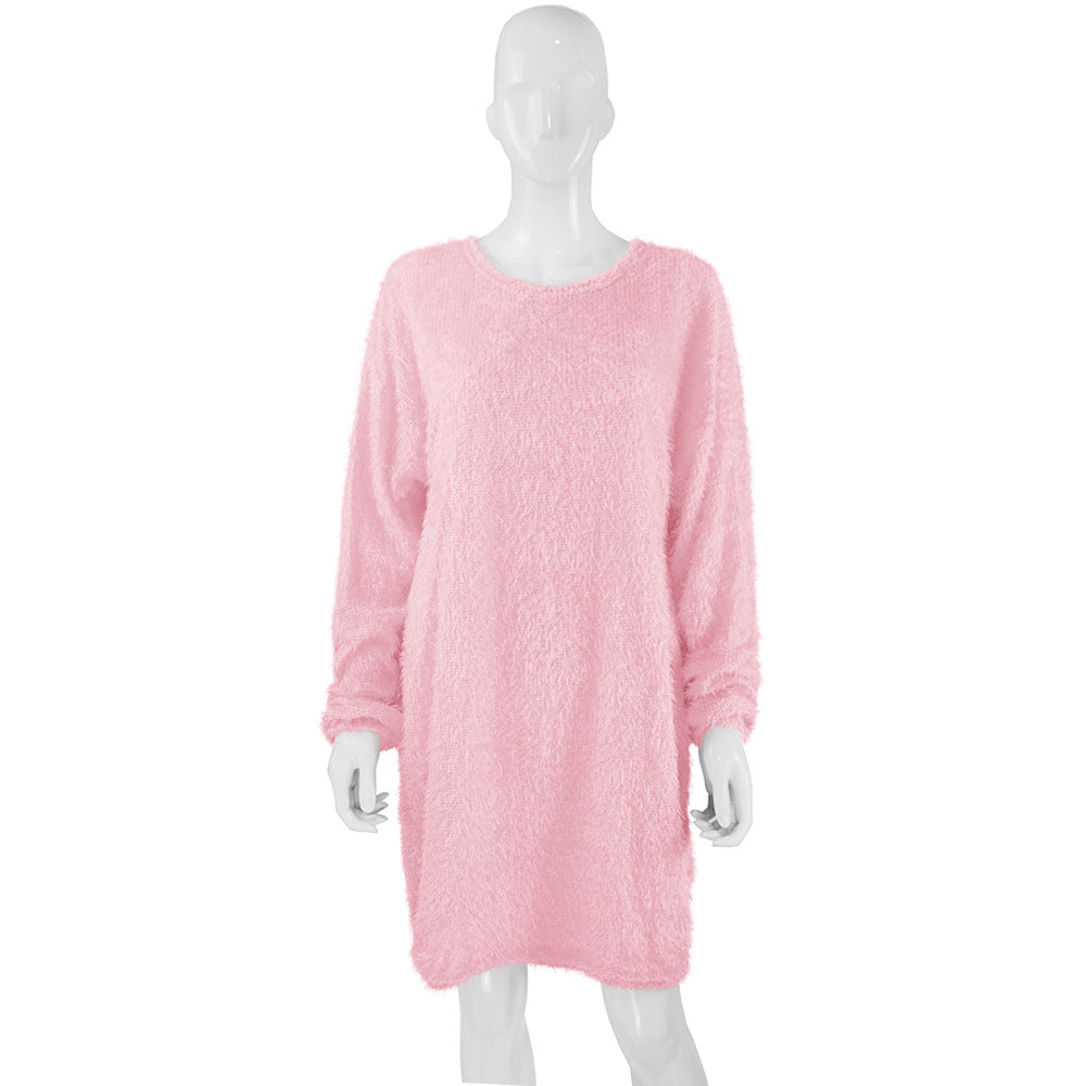 Autumn Winter Women Clothes Mid Length Long Sleeve Round Neck Loose Plush Dress by Ragazza