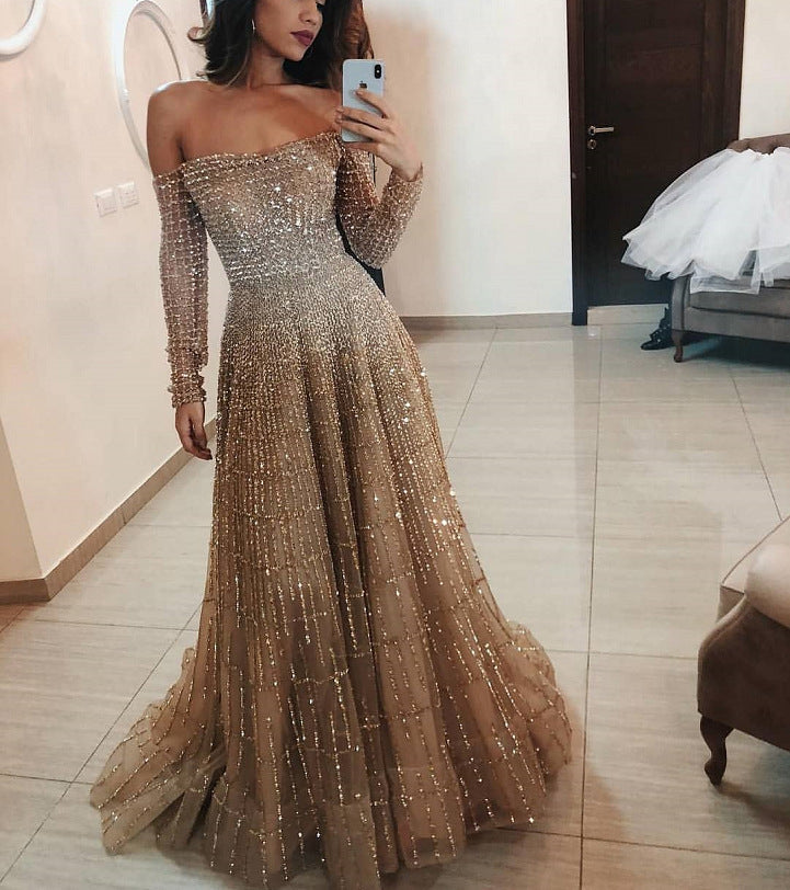 Long Autumn Winter Shiny off Shoulder Long Sleeve Tube Top Dress by Ragazza