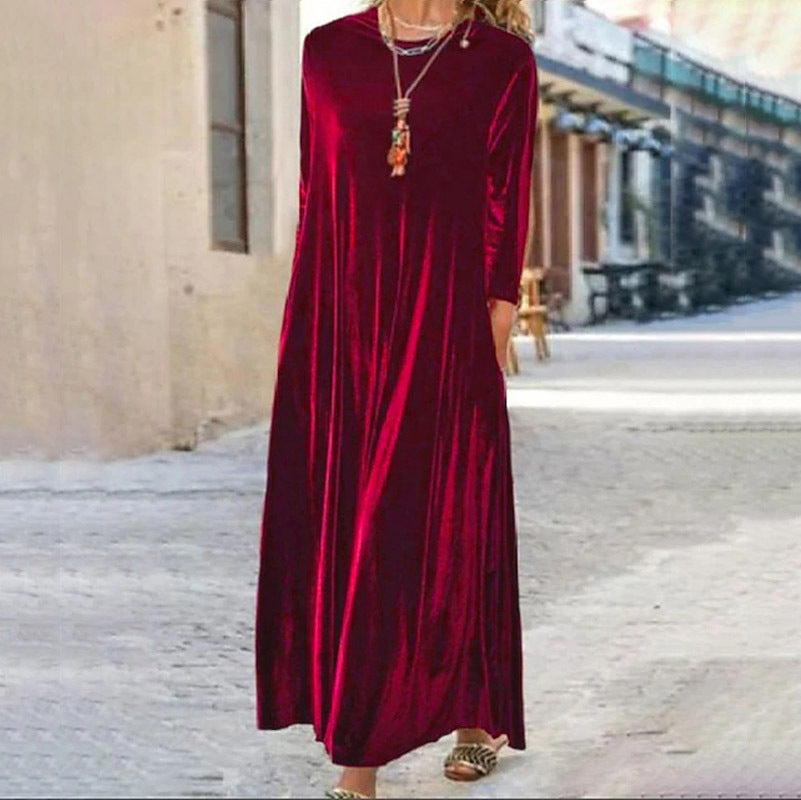 Spring Gold Velvet Slimming Crew Neck Maxi Dress by Ragazza