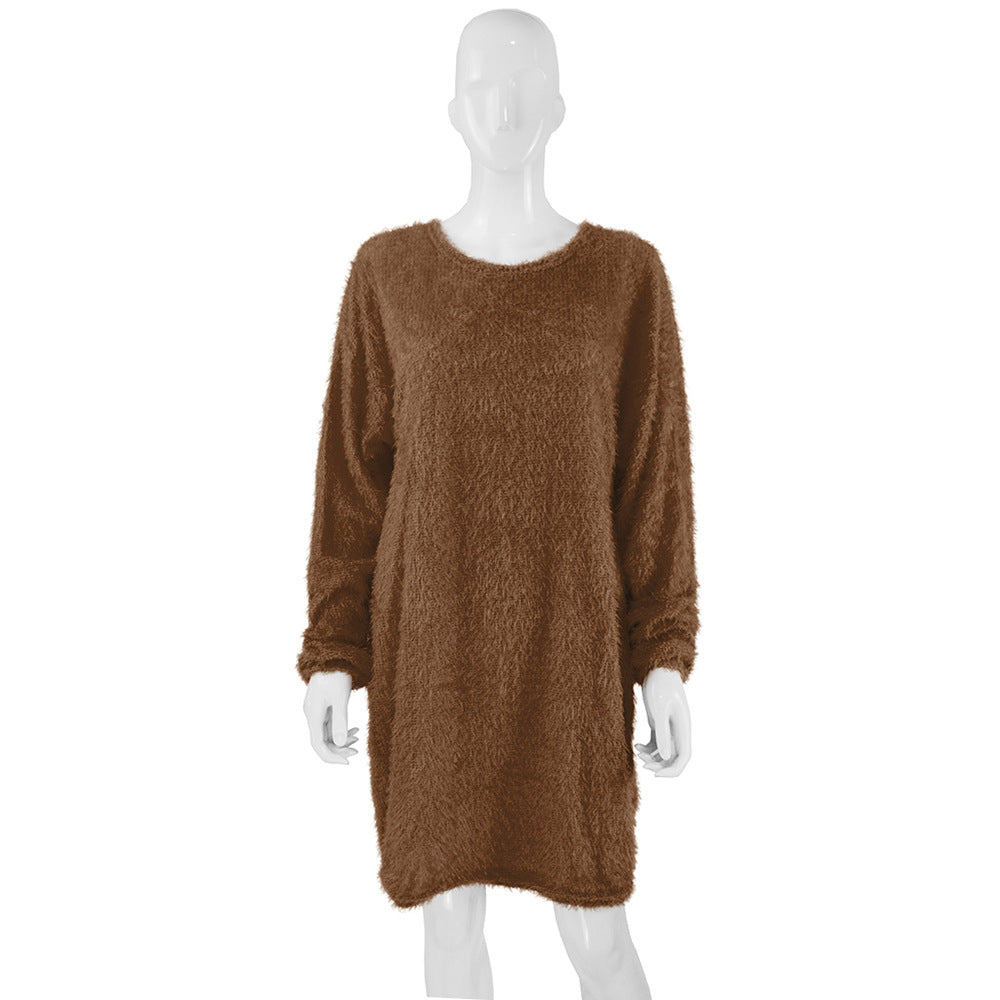 Autumn Winter Women Clothes Mid Length Long Sleeve Round Neck Loose Plush Dress by Ragazza