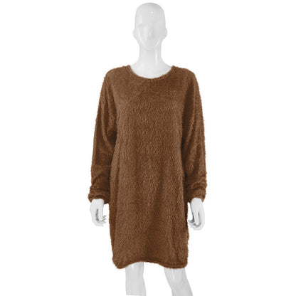 Autumn Winter Women Clothes Mid Length Long Sleeve Round Neck Loose Plush Dress by Ragazza