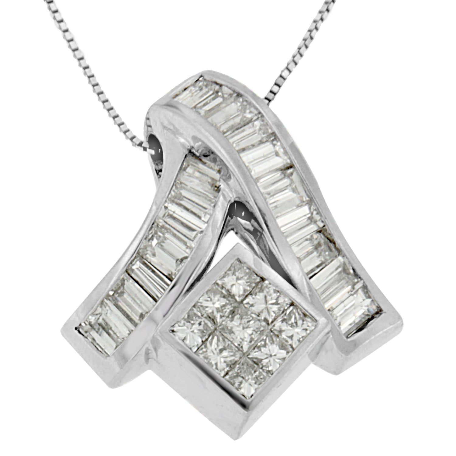 14K White Gold 1 7/8 cttw Princess and Baguette Cut Mixed Geometry Diamond Pendant Necklace (G-H, SI1-SI2) by Bids.com