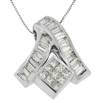 14K White Gold 1 7/8 cttw Princess and Baguette Cut Mixed Geometry Diamond Pendant Necklace (G-H, SI1-SI2) by Bids.com