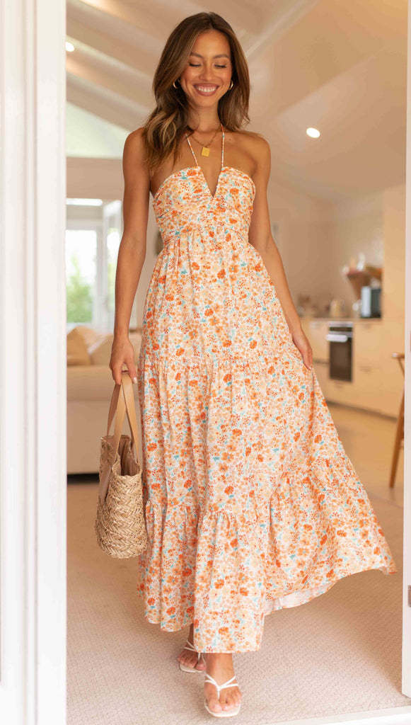 Women V neck Brace Maxi Dress Elegant Shoulder Baring Sleeveless Sling by Ragazza