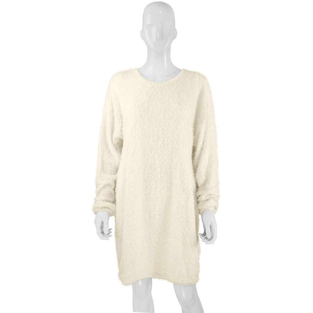 Autumn Winter Women Clothes Mid Length Long Sleeve Round Neck Loose Plush Dress by Ragazza