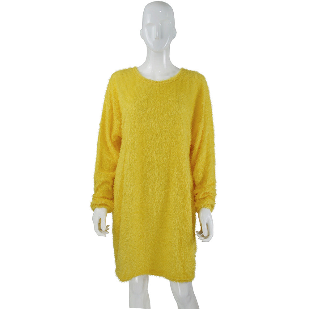 Autumn Winter Women Clothes Mid Length Long Sleeve Round Neck Loose Plush Dress by Ragazza