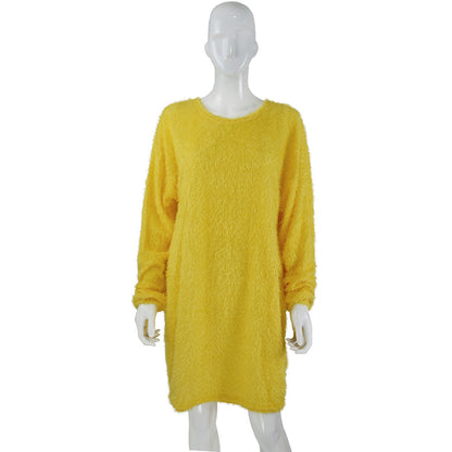 Autumn Winter Women Clothes Mid Length Long Sleeve Round Neck Loose Plush Dress by Ragazza