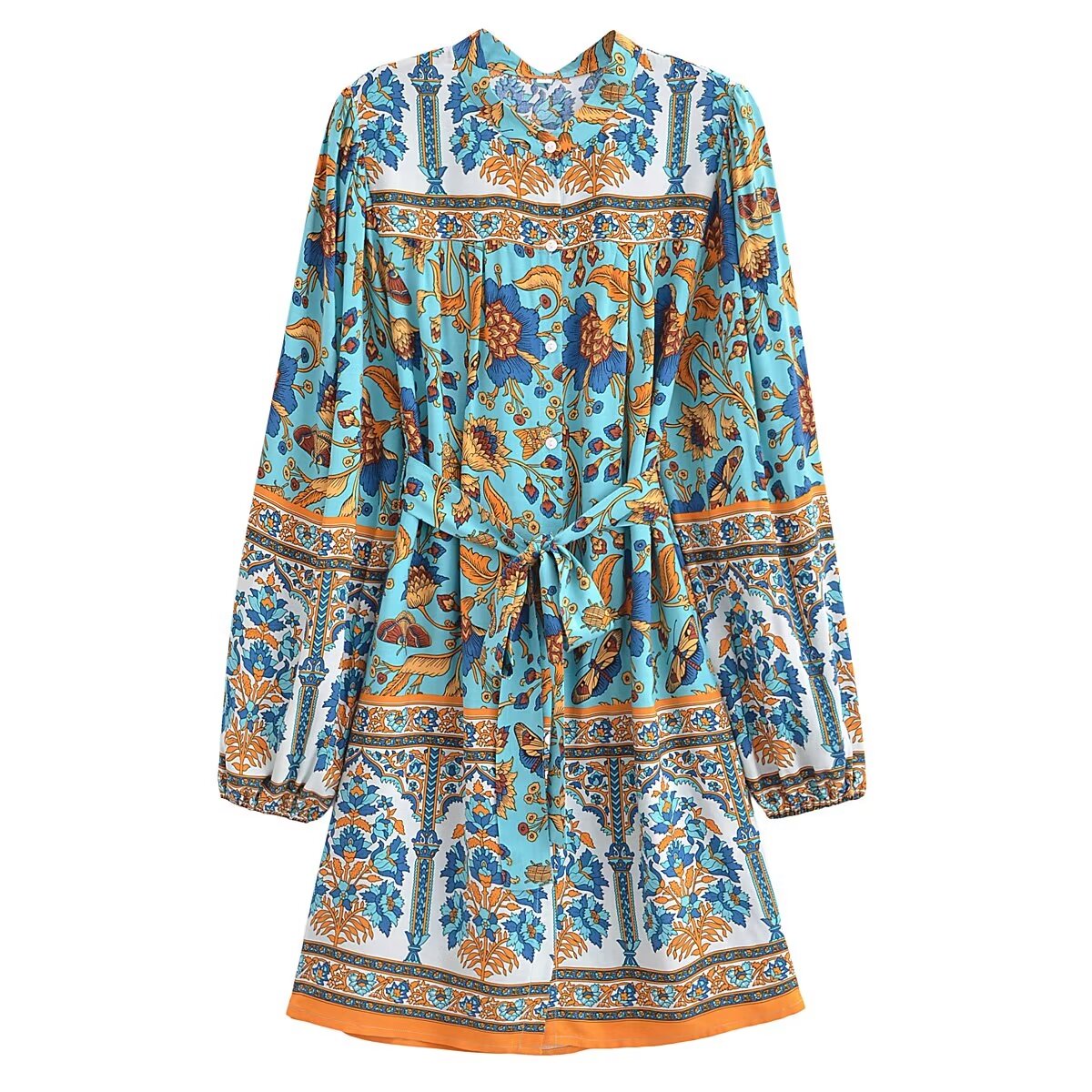 Winter Graceful Fashionable round Neck Long Sleeve Belt Printed Shirt Dress for Women by Ragazza