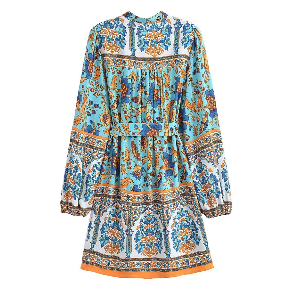 Winter Graceful Fashionable round Neck Long Sleeve Belt Printed Shirt Dress for Women by Ragazza