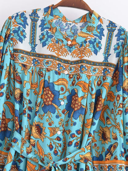 Winter Graceful Fashionable round Neck Long Sleeve Belt Printed Shirt Dress for Women by Ragazza