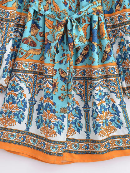 Winter Graceful Fashionable round Neck Long Sleeve Belt Printed Shirt Dress for Women by Ragazza