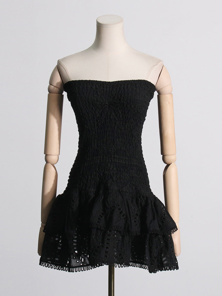 Spring Sexy Sexy Elastic Waist Tube Top Embroidered Ruffled Short Dress for Women by Ragazza