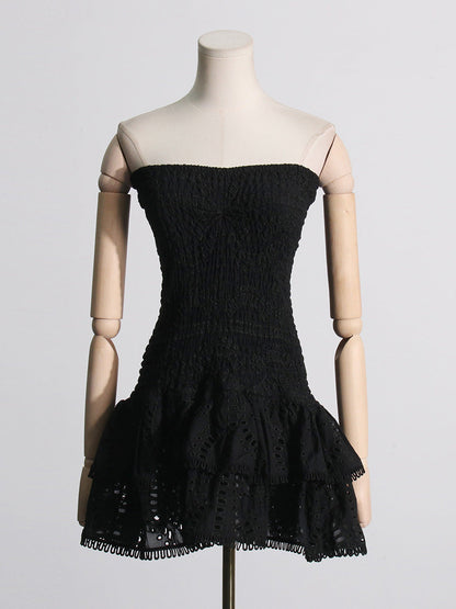 Spring Sexy Sexy Elastic Waist Tube Top Embroidered Ruffled Short Dress for Women by Ragazza