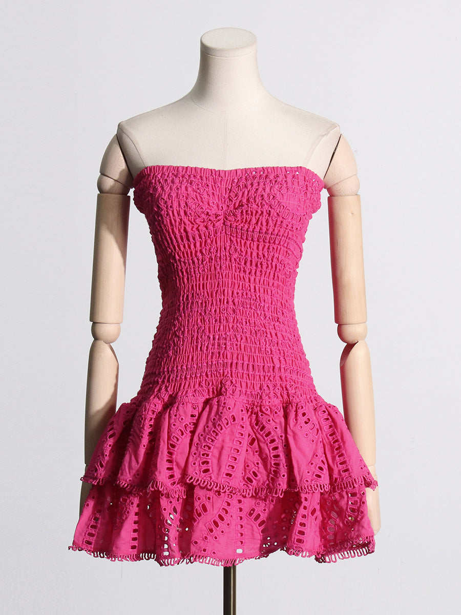 Spring Sexy Sexy Elastic Waist Tube Top Embroidered Ruffled Short Dress for Women by Ragazza