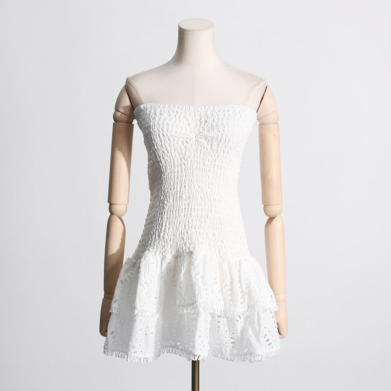 Spring Sexy Sexy Elastic Waist Tube Top Embroidered Ruffled Short Dress for Women by Ragazza