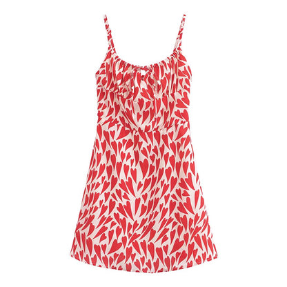 Summer Heart Shape Printed Figure Flattering Cinched Waist Lace-up Cami Dress Short Dress by Ragazza