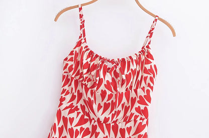 Summer Heart Shape Printed Figure Flattering Cinched Waist Lace-up Cami Dress Short Dress by Ragazza