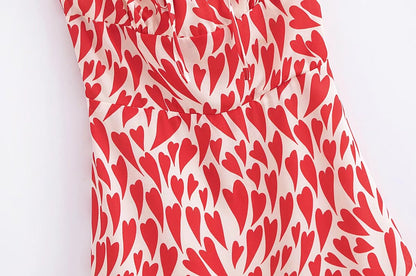 Summer Heart Shape Printed Figure Flattering Cinched Waist Lace-up Cami Dress Short Dress by Ragazza