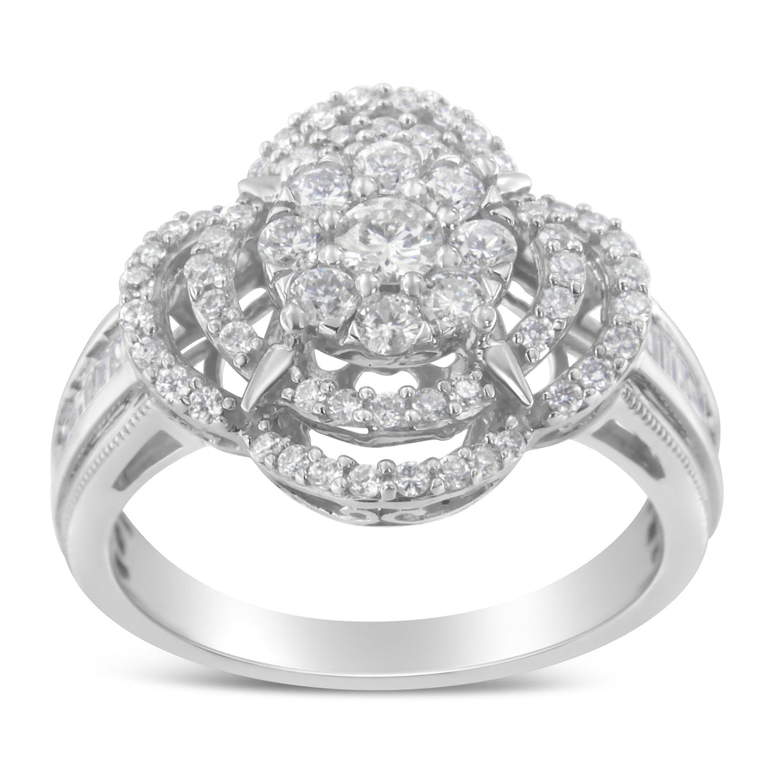 14K White Gold 1.0 Cttw Round &amp; Baguette Cut Diamond Floral Cluster Quatrefoil Channel Set Band Cocktail Statement Ring (H-I Color, SI2-I1 Clarity) - Size 6-3/4 by Bids.com