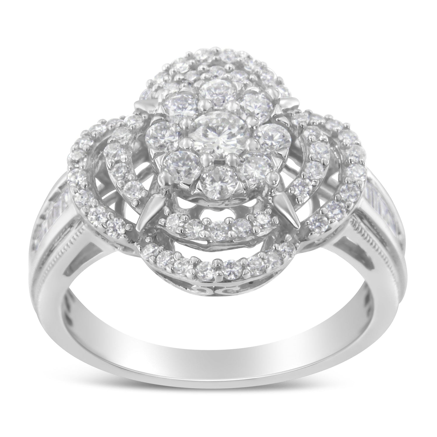 14K White Gold 1.0 Cttw Round &amp; Baguette Cut Diamond Floral Cluster Quatrefoil Channel Set Band Cocktail Statement Ring (H-I Color, SI2-I1 Clarity) - Size 6-3/4 